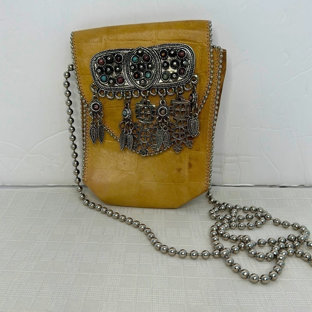 Nina Arjani Leatherock Leather Purse Turquoise Stones and silver Beaded Trim
